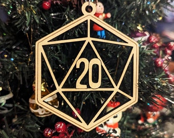 d20 Christmas Tree Holiday Ornament | Laser Cut, D&D Dice Bauble Gift, RPG, TTRPG Xmas, DnD Tag, Dungeons, Dragons