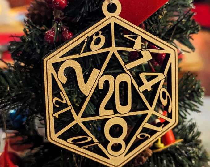Featured listing image: d20 Christmas Tree Holiday Ornament | Laser Cut, D&D Dice Bauble Gift, RPG, TTRPG Xmas, DnD Tag, Dungeons, Dragons
