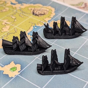 Black Merchants & Marauders Upgraded Pirate Ships Set of 7 Board Game Tokens | Custom Meeple, Sailing Ships, Pirates Privateers, Pirate Borg