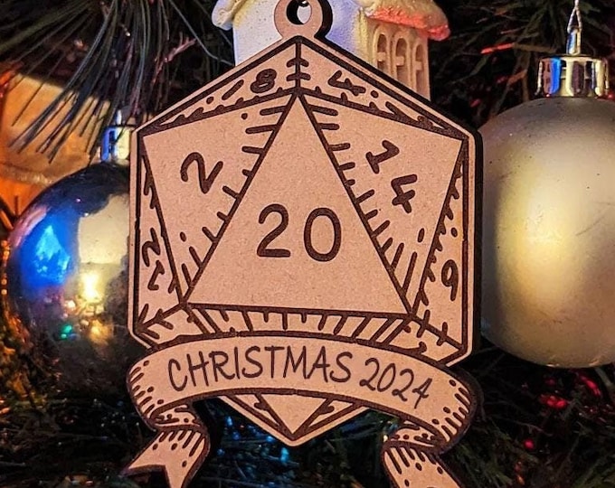 Featured listing image: Personalized d20 Christmas Tree Holiday Ornament | Custom Family Game Night Gift Laser Cut, Dice Bauble, RPG, TTRPG Xmas, Dungeons, Dragons