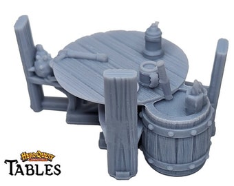 25mm Round Table with Barrel & Stool HeroQuest Compatible Terrain Miniature | Dungeons, Dragons Campaign Scenery, Boardgame Meeples