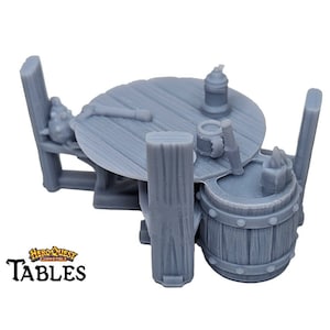 25mm Runder Tisch mit Fass & Hocker HeroQuest kompatibel Terrain Miniatur | Dungeons, Drachen Kampagne Landschaft, Brettspiel Meeples