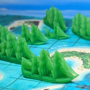 Green Merchants & Marauders Upgraded Ships Set of 7 Board Game Tokens | Custom Meeple, Sailing Ships, Pirates Privateers, Pirate Borg