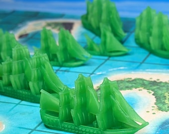Green Merchants & Marauders Upgraded Ships Set of 7 Board Game Tokens | Custom Meeple, Sailing Ships, Pirates Privateers, Pirate Borg