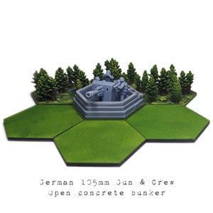 May include: A gray, open concrete bunker with a 105mm gun and crew figures. The bunker is surrounded by green trees and grass.