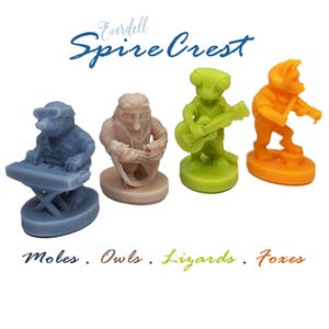 May include: Four colourful figurines from the Everdell Spirecrest board game. The figurines include a blue mole playing a keyboard, a tan owl, a green lizard playing a guitar, and an orange fox playing a violin. The text "Moles. Owls. Lizards. Foxes" is below the figurines.