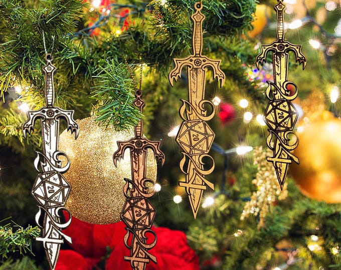 Featured listing image: 2025 d20 Sword Christmas Tree Holiday Ornament | D&D Personalized Dice Bauble Gift, RPG, TTRPG Xmas, DnD Tag, Dungeons, Dragons