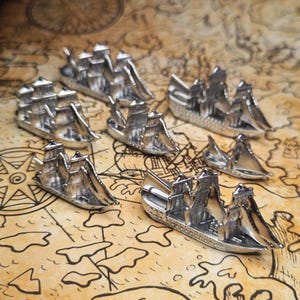 Silver Treasure Ships Merchants & Marauders Set of 7 Board Game Tokens | Custom Meeple, Sailing Ships, Pirates Privateers, Pirate Borg