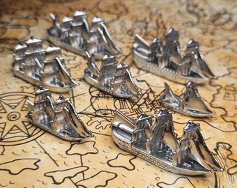 Silver Treasure Ships Merchants & Marauders Set of 7 Board Game Tokens | Custom Meeple, Sailing Ships, Pirates Privateers, Pirate Borg