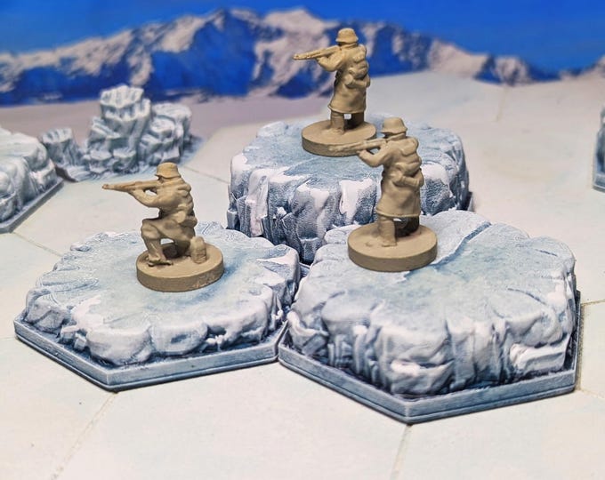 Featured listing image: Ice Planet White Hills & Ridges for 60mm Hex Gaming Systems | TTRPG Scenery, Battlefield RPG Models, Science Fiction, Hoth, Memoir 44