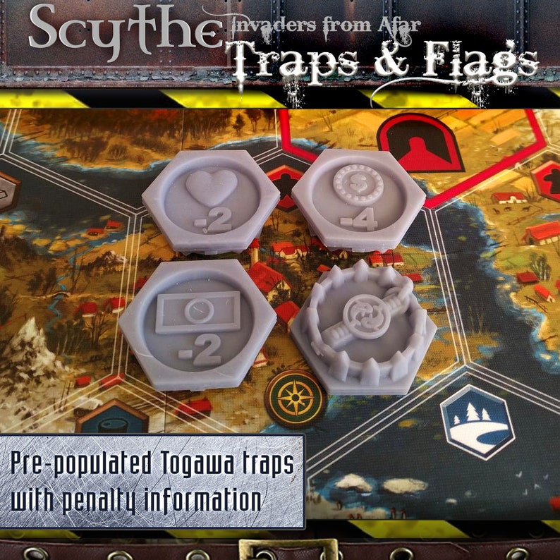 Scythe Invaders from Afar: Traps & Flags Board Game Meeples, Nordic, Crimean, Rusviet, Polania, Saxony, Upgraded Stonemaier Gaming Tokens image 7