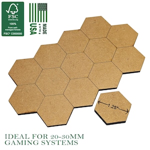 May include: A collection of light brown, hexagonal game tiles, each measuring 1.25 inches across. The tiles are arranged in a cluster, with a single tile separated. The image includes FSC and Made in the USA logos.
