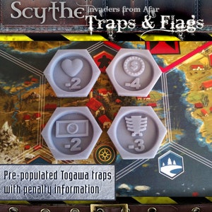 Scythe Invaders from Afar: Traps & Flags Board Game Meeples, Nordic, Crimean, Rusviet, Polania, Saxony, Upgraded Stonemaier Gaming Tokens image 2