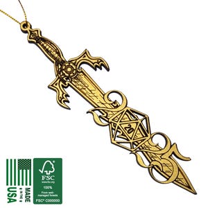 2025 d20 Sword Christmas Tree Holiday Ornament | 4.75" Small Wood, Gold, Silver, Copper, D&D Personalized Dice Bauble Gift, Dungeons Dragons