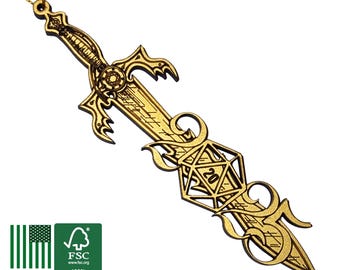 2025 d20 Sword Christmas Tree Holiday Ornament | 4.75" Small Wood, Gold, Silver, Copper, D&D Personalized Dice Bauble Gift, Dungeons Dragons