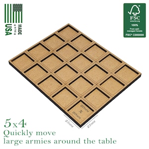 May include: A wooden game board with 20 square cutouts, each measuring 20mm x 20mm, arranged in a 5x4 grid. The board has a dark border and includes text indicating it's made in the USA. The text also says "Quickly move large armies around the table."