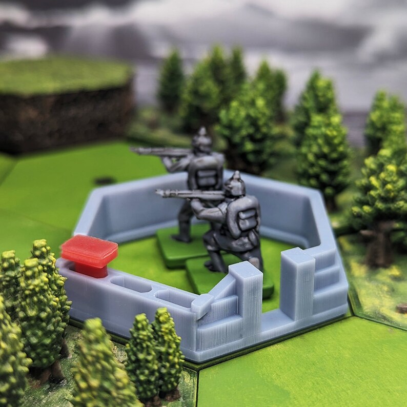 May include: Two gray plastic toy soldiers are positioned inside a gray plastic hexagonal fort with a red plastic roof. The fort is on a green surface.