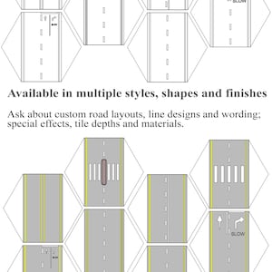 Puede incluir: Una colección de baldosas grises con marcas amarillas y blancas, dispuestas en forma de panal. Algunas baldosas presentan pasos de peatones, flechas y la palabra "SLOW". También está presente el texto "Available in multiple styles, shapes and finishes".