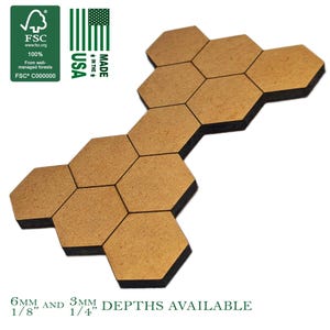 May include: Hexagonal wooden tiles with a light brown surface and black edges. The image includes the text "Made in the USA" and "6mm and 3mm depths available". The FSC logo is also visible.