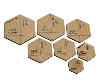 MDF Hex Tile Boardgame Scale Assortment Pack 7pcs | 1", 1.25", 1.5", 1.625", 1.75", 2", 2.125", 3mm, 6mm, TTRPG Scenery, RPG Hexes & Bases