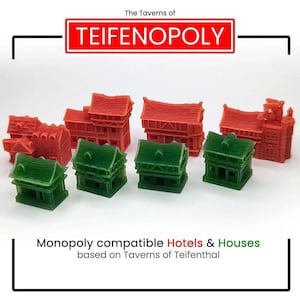 Mini Taverns of Teifenthal & Houses designed for Monopoly | 3D Printed Boardgame Upgrades, Custom Meeple, BGG, Board Game Geek