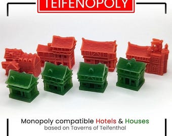 Mini Taverns of Teifenthal & Houses designed for Monopoly | 3D Printed Boardgame Upgrades, Custom Meeple, BGG, Board Game Geek