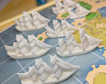 White Merchants & Marauders Upgraded Ships Set of 7 Board Game Tokens | Custom Meeple, Sailing Ships, Pirates Privateers, Pirate Borg