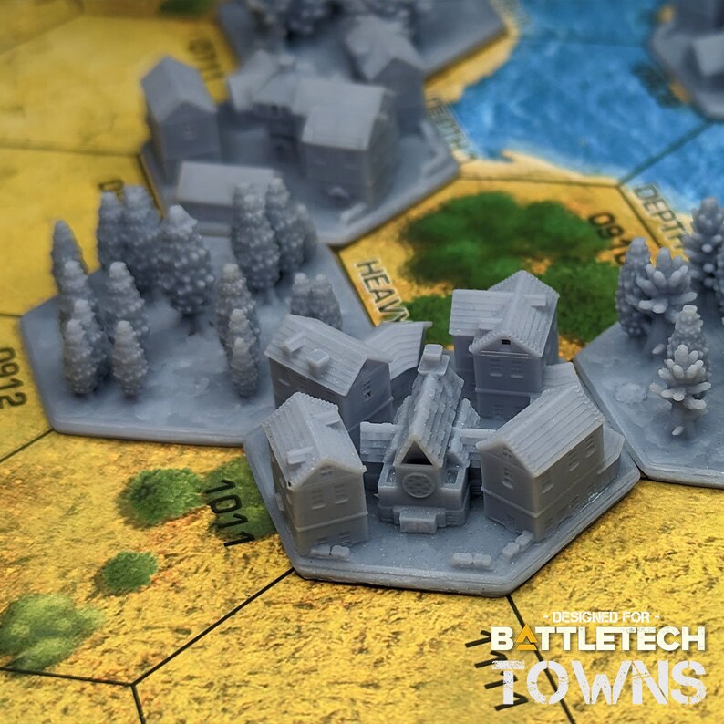 1.25/32mm Towns BattleTech, Urban Mini Hex TTRPG Scenery, Game Terrain, Battlefield RPG Gamer Models, DnD, World Map Markers image 2