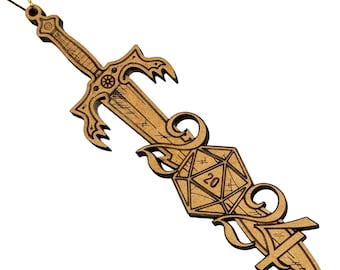 2024 d20 Sword Christmas Tree Holiday Ornament | 4.75" Small Wood, Gold, Silver, Copper, D&D Personalized Dice Bauble Gift, Dungeons Dragons