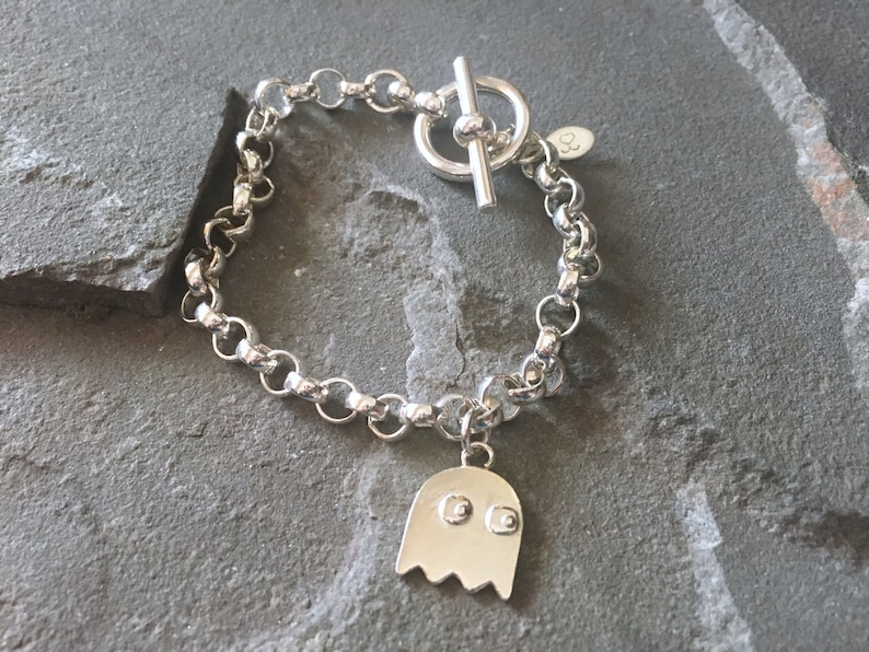 Pacman Ghost Sterling Silver Charm Bracelet Bangle Geeky image 1
