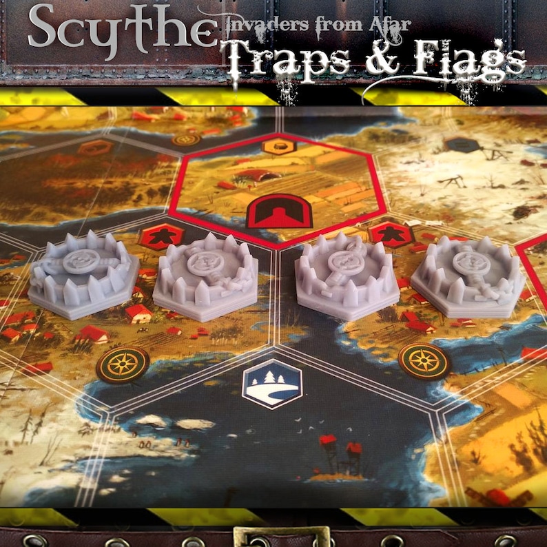 Scythe Invaders from Afar: Traps & Flags Board Game Meeples, Nordic, Crimean, Rusviet, Polania, Saxony, Upgraded Stonemaier Gaming Tokens image 6