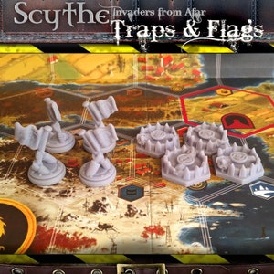 Scythe Invaders from Afar: Traps & Flags Board Game Meeples, Nordic, Crimean, Rusviet, Polania, Saxony, Upgraded Stonemaier Gaming Tokens image 4