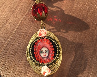 Miniature painting and handmade locket necklace - Little red ridding hood fairytale jewellery - wearable art - neck art pop surrealism.