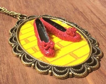 Wizard of oz miniature ruby slippers and handmade necklace. Yellow brick road fantasy, fairytale, whimsical, folk tail wearable art.