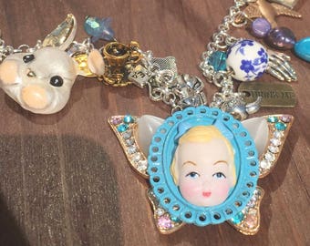 Alice in wonderland vintage tea party charm necklace. Unique statement necklace. Wearable porcelain creepy cute doll art. White rabbit.