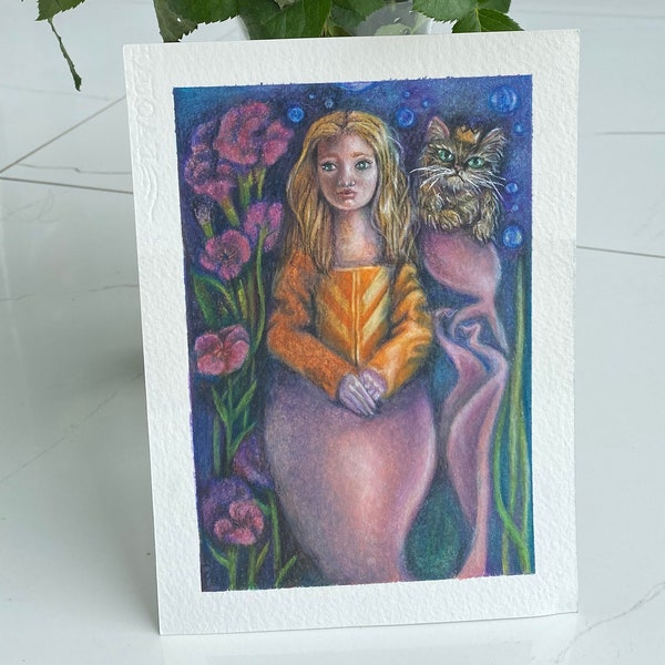 Coloured pencils and watercolour painting of a mermaid and mercat. Mixed media art and illustration portrait under the sea fantasy
