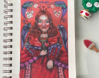 Königin der Hirsche, Buntstift-Porträtgemälde Alice im Wunderland, viktorianisches Märchen, inspiriert von Disney-Kunst und Illustration