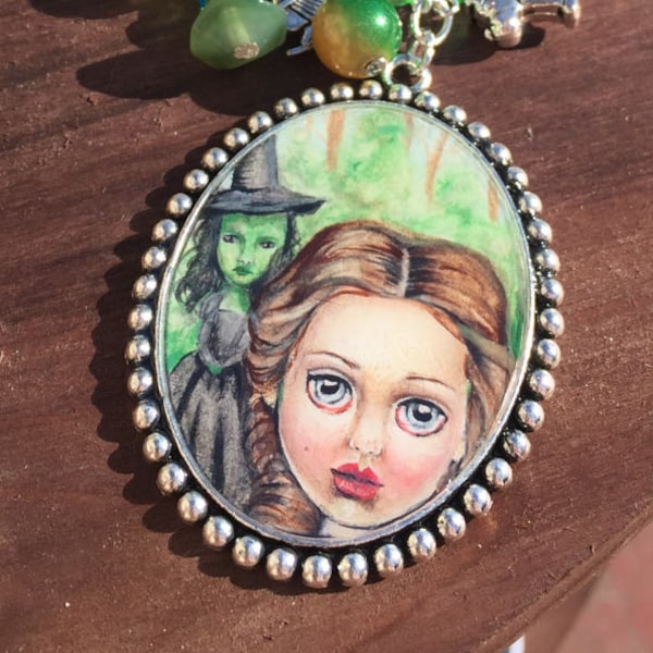 Wizard of oz miniature gouache painting and handmade charm necklace. fantasy pop surrealism whimsical folk tail art. ruby slippers.