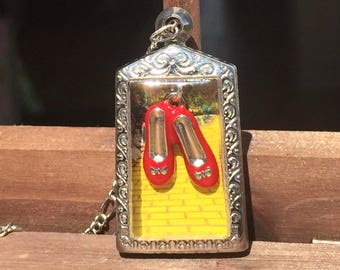 Wizard of oz ruby slippers and yellow brick road silver tone locket necklace and chain. Unique statement necklace. Fairytale wearable art.