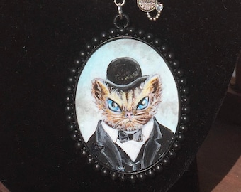 Original miniature painting Mr Winston Purrchill cat art. Charm necklace unique jewellery. Statement necklaces. Wearable art. historical.