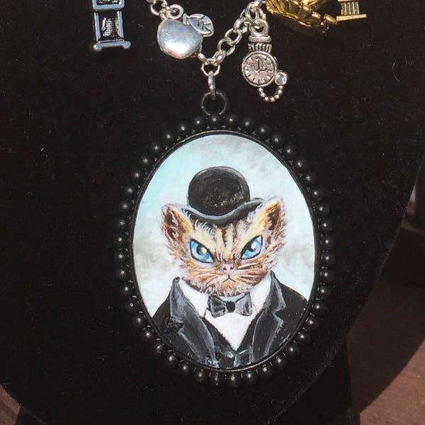 Original miniature painting Mr Winston Purrchill cat art. Charm necklace unique jewellery. Statement necklaces. Wearable art. historical.