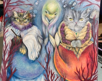 Mercat art and illustration. Coloured pencil portrate of Royal sea cats and octopus. Fantasy and surreal art work.