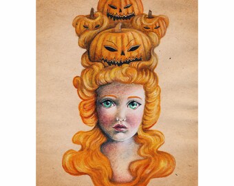 Cenicienta en tierra de calabazas. Arte inspirado en cuentos de hadas. Pintura a lápiz de colores. Decoración original del hogar de arte e ilustración. Arte surrealista de fantasía.