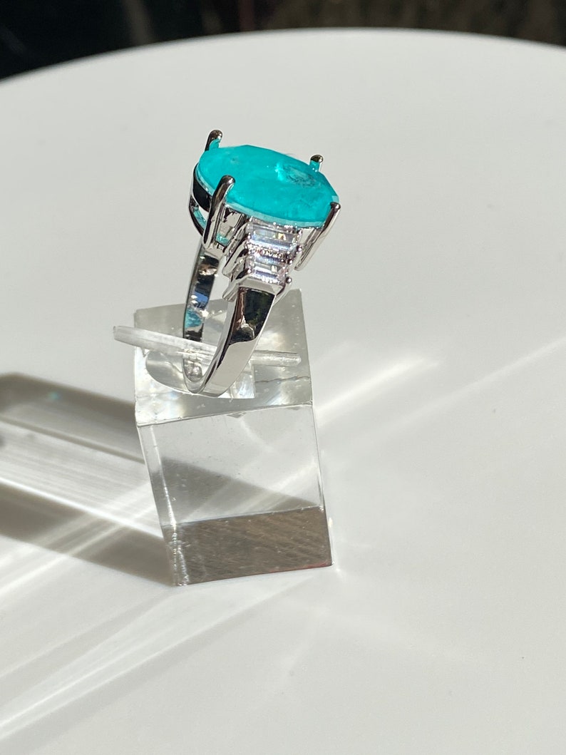 Paraiba Inspired Neon Oval Statement Ring with Side Zirconium Baguettes image 8