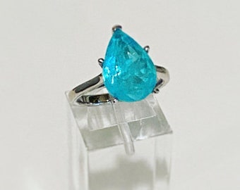 Gorgeous Paraiba Inspired Pear Shape Solitaire Ring, 925 Sterling Silver