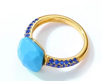 Fun Blue Agate and Pave Solitaire Party Ring, 925 Sterling Silver, Gold Plated