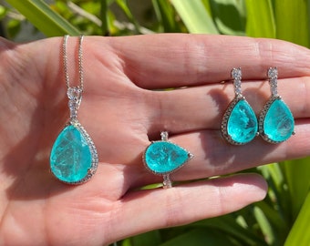 SET: Stunning Neon Paraiba Inspired Necklace/Earrings/Ring or Necklace/Earrings or Necklace/Ring or Earrings/Ring