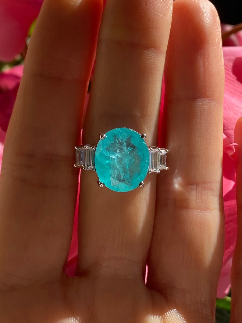 Paraiba Inspired Neon Oval Statement Ring with Side Zirconium Baguettes image 2