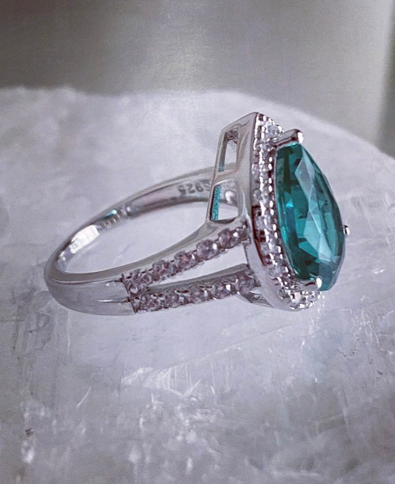Paraiba Pear Shape Promise Ring Simulated Paraiba Green Spinel
