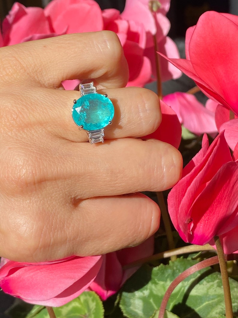 Paraiba Inspired Neon Oval Statement Ring with Side Zirconium Baguettes image 4